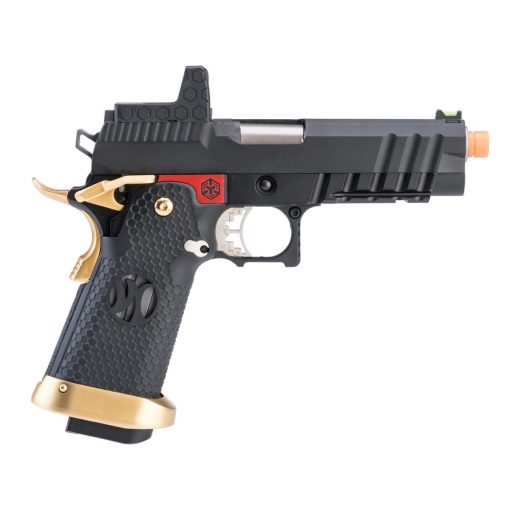 AW Custom HX26 Match King Compact Hi-CAPA Full Auto Select Fire GBB Pistol (Color: Black w/ Red & Gold Trim)