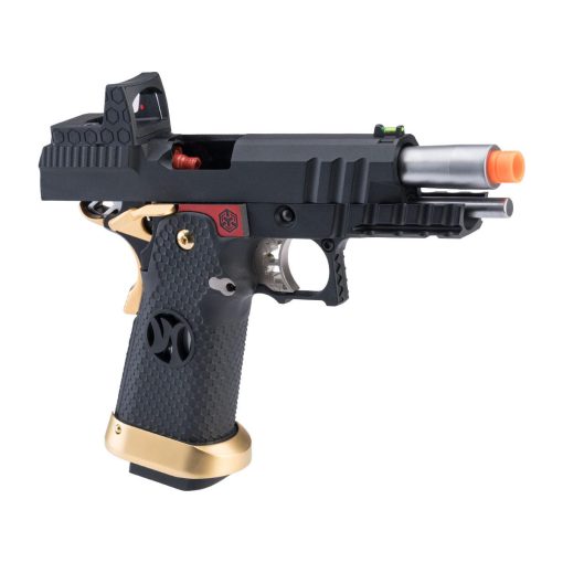 AW Custom HX26 Match King Compact Hi-CAPA Full Auto Select Fire GBB Pistol (Color: Black w/ Red & Gold Trim) - Image 2